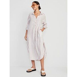 Old Navy Linen Blend Long Sleeve Midi Shirt Dress Large White Stripes Relaxed